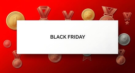 Black Friday Celebration: A vibrant composition of metallic medals and a prominent sign displaying the text BLACK FRIDAY, embodying the spirit of sales and achievement.
