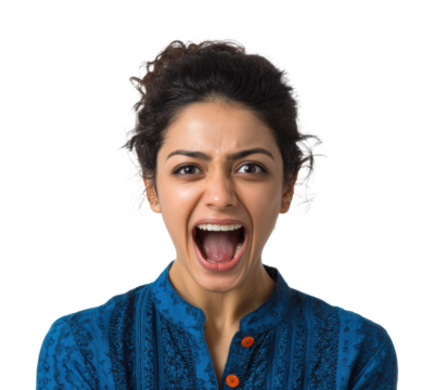 Screaming woman expressing anger portrait isolated on transparent background - Powered by Adobe