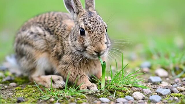 Close-up of a brown rabbit sitting on the ground, eating grass in a natural environment.
