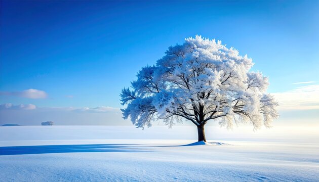 minimalist winter scene with a single, sharp silhouette of a snow-covered tree