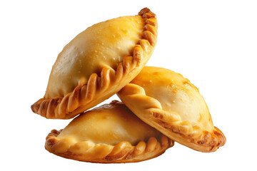 Fried baked pastry empanadas filled with ground beef cheese ham and crimped edges, isolated on white transparent background, concept of traditional Argentina snack