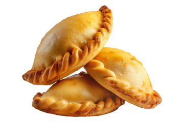 Fried baked pastry empanadas filled with ground beef cheese ham and crimped edges, isolated on white transparent background, concept of traditional Argentina snack