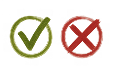 Green check mark and red x mark symbols hand drawn, indicating approval, validation, error, and denial on transparent background