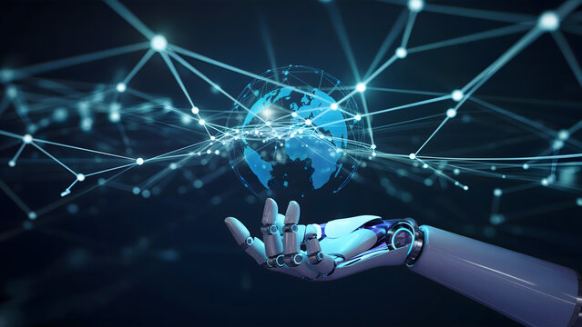 Robotic hand elegantly holds a glowing digital globe, symbolizing global connection and innovative technology solutions for a smarter future