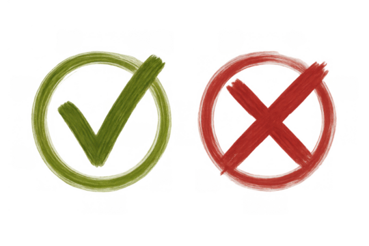 Green check mark and red x mark symbols hand drawn, indicating approval, validation, error, and denial on transparent background