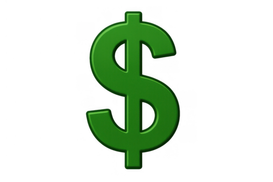 Green dollar sign symbol representing currency, wealth, finance, and success on a transparent background