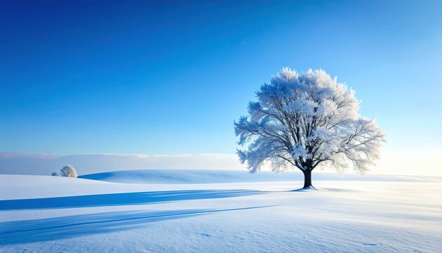 minimalist winter scene with a single, sharp silhouette of a snow-covered tree