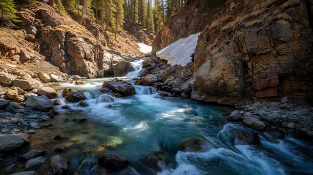 Turquoise River Flows Through Rocky Canyon With Snow Patches Sunlight Dappled Forested Mountainside