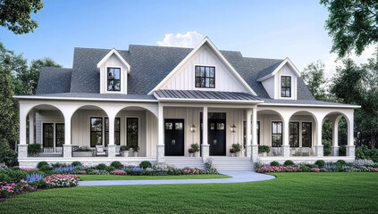 Obraz premium Modern farmhouse exterior with large arched porch, white siding, black doors, manicured lawn, and charming country style design surrounded by trees – created with AI