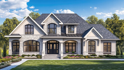 Obraz premium Elegant luxury house exterior with stone facade, arched windows, black front door, manicured lawn, and symmetrical architectural design under blue sky – created with AI