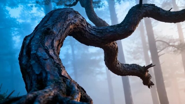 Twisted ancient pine tree roots and branches in misty blue and orange sunrise forest light with tall trees in background