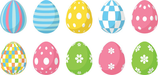 Set of ten colorful decorative easter eggs with festive patterns and designs isolated on transparent background