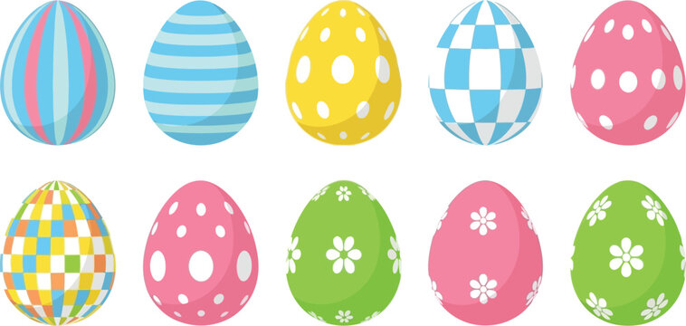 Set of ten colorful decorative easter eggs with festive patterns and designs isolated on transparent background - Powered by Adobe