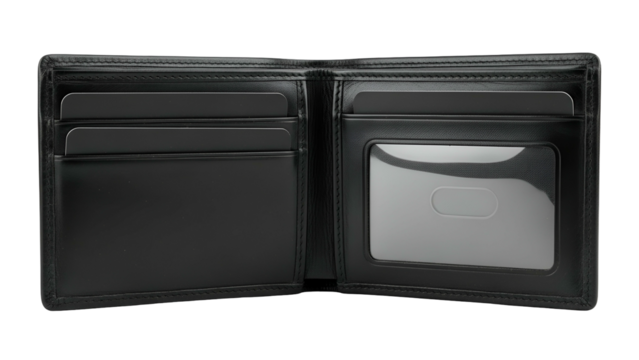 Open black leather bifold accessory displaying interior card slots against a dark background