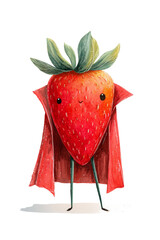 Watercolor illustration of cute strawberry fruit superhero with red cape and green leaf crown. Character with smile and eyes for children's book illustration and playful kids' character design.