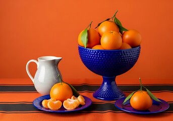 Still life of tangerines in a blue bowl and on plates