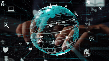 A creative representation of a digital globe surrounded by technology icons, showcasing global networking and communication through social media platforms and devices. Xenic