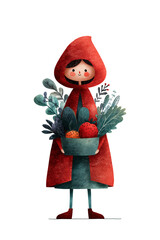 Watercolor illustration of cute girl character in red hood holding basket with fresh berries and green plants. Whimsical character with smile for children's book illustration