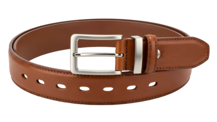 Polished metal buckle fastens a rolled brown leather accessory against a dark background