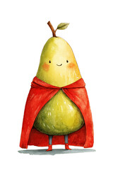 Watercolor illustration of cute pear fruit superhero with red cape and smile. Green and yellow fruit character with brown stem, leaf and legs for children's book illustration 