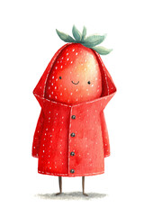 Watercolor illustration of cute strawberry fruit character wearing red raincoat with buttons and smile. Whimsical fruit mascot with green leaf crown and legs for children's book illustration 