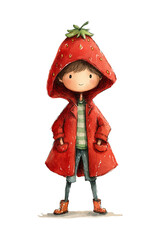 Watercolor illustration of cute girl character wearing strawberry-shaped raincoat with hood and smile. Whimsical fruit-inspired costume with green shirt, pants and brown boots for children's book 