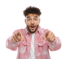 Exciting young man pointing with joy portrait isolated on transparent background