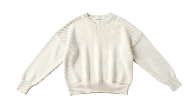 Plain cream colored long sleeve knitted garment is displayed against a solid black background