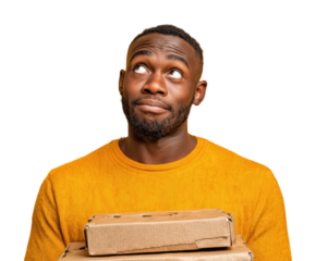 Man holding delivery packages lifestyle portrait happy isolated on transparent background