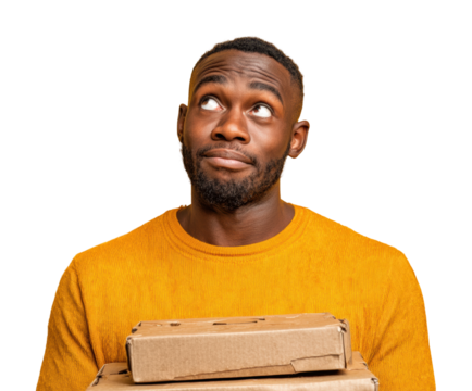 Man holding delivery packages lifestyle portrait happy isolated on transparent background