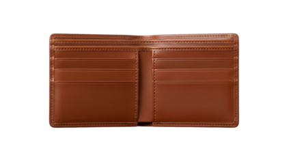 Open brown leather bifold accessory displayed against a solid black background