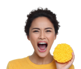 Cheerful woman shouting with yellow sponge portrait fun isolated on transparent background