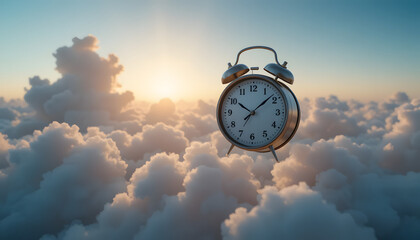 Vintage alarm clock floats serenely amidst ethereal clouds at sunrise, symbolizing time, dreams, and new beginnings.