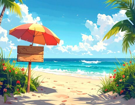 Animated scene of a sandy beach with umbrella and signage under blue sky
