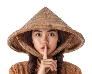 Cultural silence gesture by woman in traditional hat isolated on transparent background