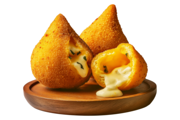 Fried Brazilian coxinhas cone snack filled shredded chicken cheese with golden crispy texture on wooden plate isolated on white transparent background, concept of traditional street food