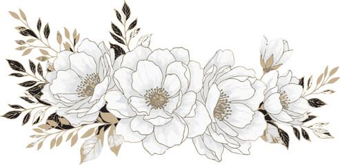 Elegant white and gold floral arrangement illustration on white background for wedding invitation design