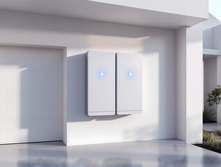 Modern home energy storage system installed outside a sleek contemporary house, showcasing clean energy solutions and sustainable living for a brighter future.