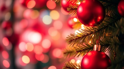 Christmas Ornament Decoration: A close-up showcases the festive spirit of Christmas. Adorned with vibrant red baubles, the tree radiates a warm, inviting glow, creating a classic Christmas atmosphere.
