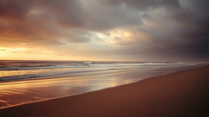 Seashore Serenity: This coastal scene evokes a sense of calm with its expansive beach, shimmering waters, and moody sky that together create a contemplative mood.