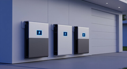 Sleek modern home battery storage units glowing with blue energy indicators mounted outside a contemporary garage, signifying renewable power solutions and future energy independence.