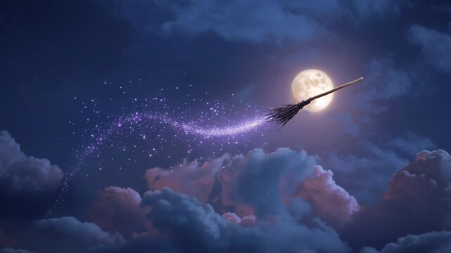 Magical broomstick flying across a moonlit night sky