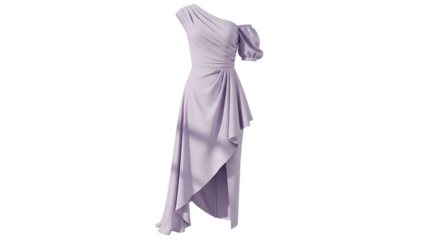 Lavender one shoulder draped formal gown isolated against a dark background