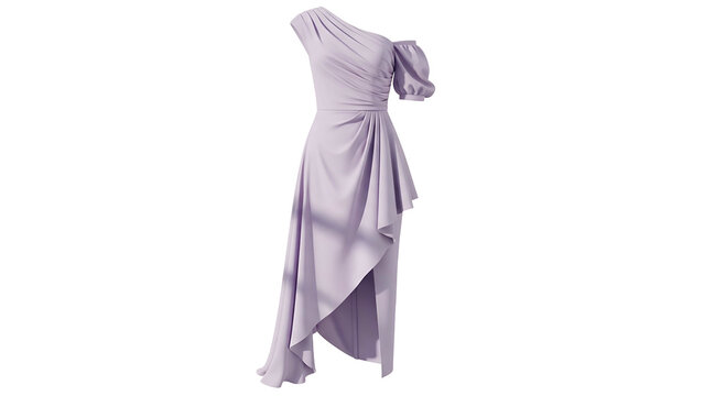 Lavender one shoulder draped formal gown isolated against a dark background