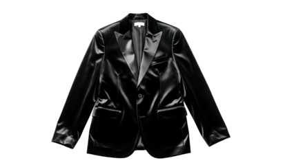 Shiny black formal jacket with satin lapel displayed against a dark background
