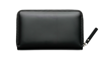 Sleek black leather zippered wallet displayed against a solid dark background