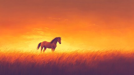 Majestic horse in vibrant sunset landscape with golden light