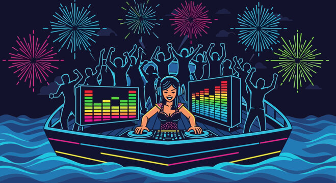 Electric boat party with dj performing for crowd amidst colorful fireworks display