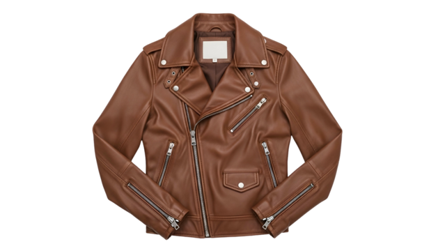 Stylish brown leather motorcycle jacket with silver hardware displayed on a black background
