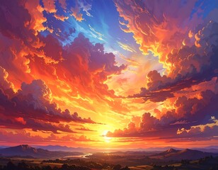 Breathtaking vista of dramatic sky ablaze with color at sunset